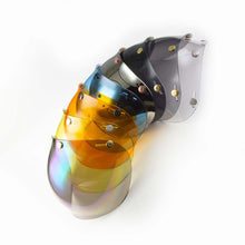 Bubble-Visier A selection of bubble visors in various colors including black, blue, brown, orange, rainbow, silver, gray, and yellow, arranged side by side.