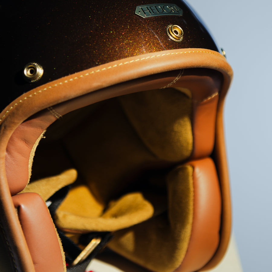 brown leather covered motorcycle helmets German Half Helmet Ratchet Design Quick Release with Universally Adjustable Strap Standard Features Hedonist Macadamia Open Face Motorcycle